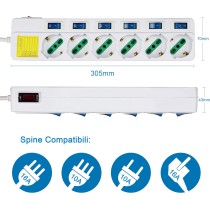 Multipresa ciabatta elettrica 6 Posti 10/16A Bipasso Schuko 250V Max:2500W con interruttori indipendenti 1,5MT