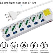 Multipresa ciabatta elettrica 6 Posti 10/16A Bipasso Schuko 250V Max:2500W con interruttori indipendenti 1,5MT