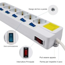 Multipresa ciabatta elettrica 6 Posti 10/16A Bipasso Schuko 250V Max:2500W con interruttori indipendenti 1,5MT