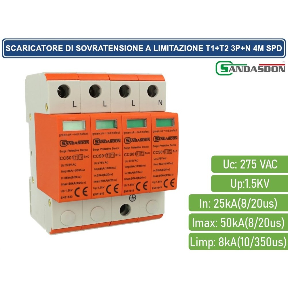 Scaricatore Limitatore Di Sovratensione Tipo T1+T2 3P+N 4M SPD A Limitazione Per Barra Din