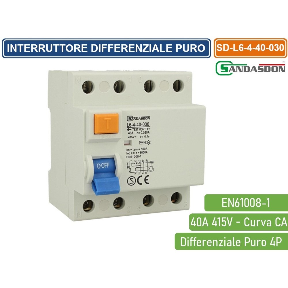 Interruttore Magnetotermico Differenziale Puro salvavita Per Barra DIN 4 Moduli 4P C40 415V 30mA 6KA