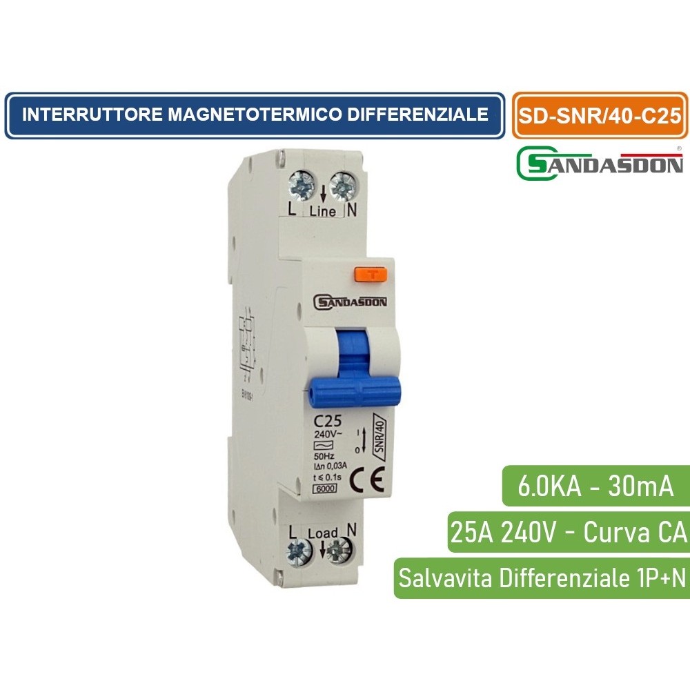 Interruttore Magnetotermico Differenziale Salvavita Per Barra DIN 1 Moduli 1P+N 25A C25 240V 30mA 6KA