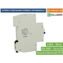 Interruttore Magnetotermico Differenziale Salvavita Per Barra DIN 1 Moduli 1P+N 25A C25 240V 30mA 6KA