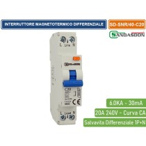 Interruttore Magnetotermico Differenziale Salvavita Per Barra DIN 1 Moduli 1P+N 20A C20 240V 30mA 6KA